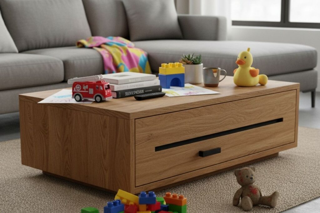 A real-life image of a messy coffee table with a storage drawer in a small living room. The drawer offers a functional and practical low-cost storage solution for toys and clutter for on-the-go moms.