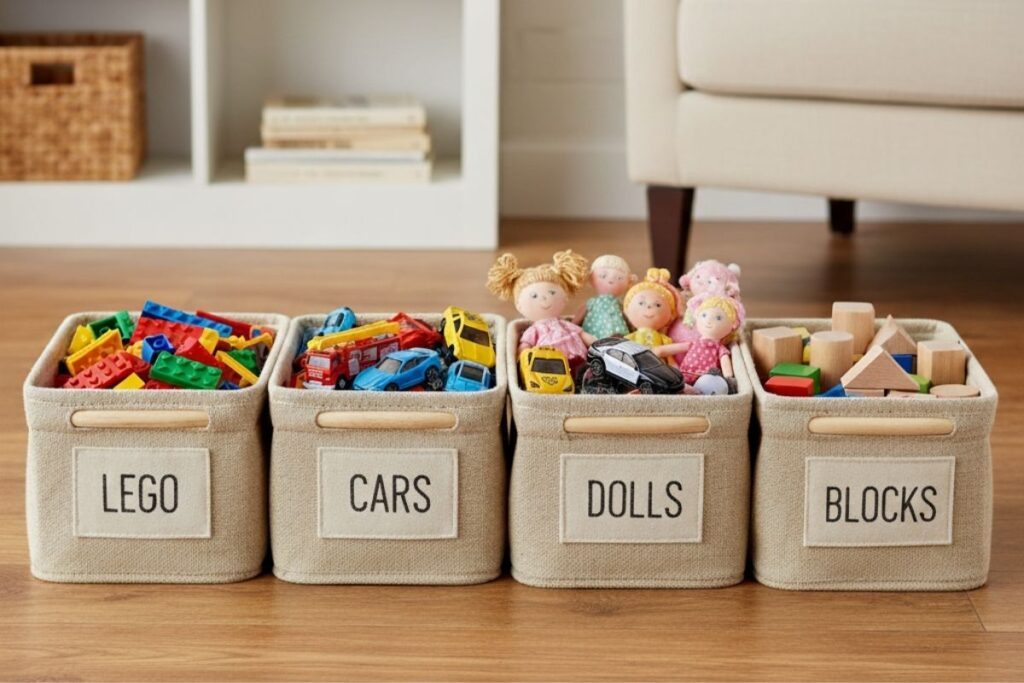 Four labeled fabric storage bins hold children's toys (LEGO, Cars, Dolls, Blocks). This simple, low-cost organization system is an essential hack for on-the-go moms to keep a tidy home.