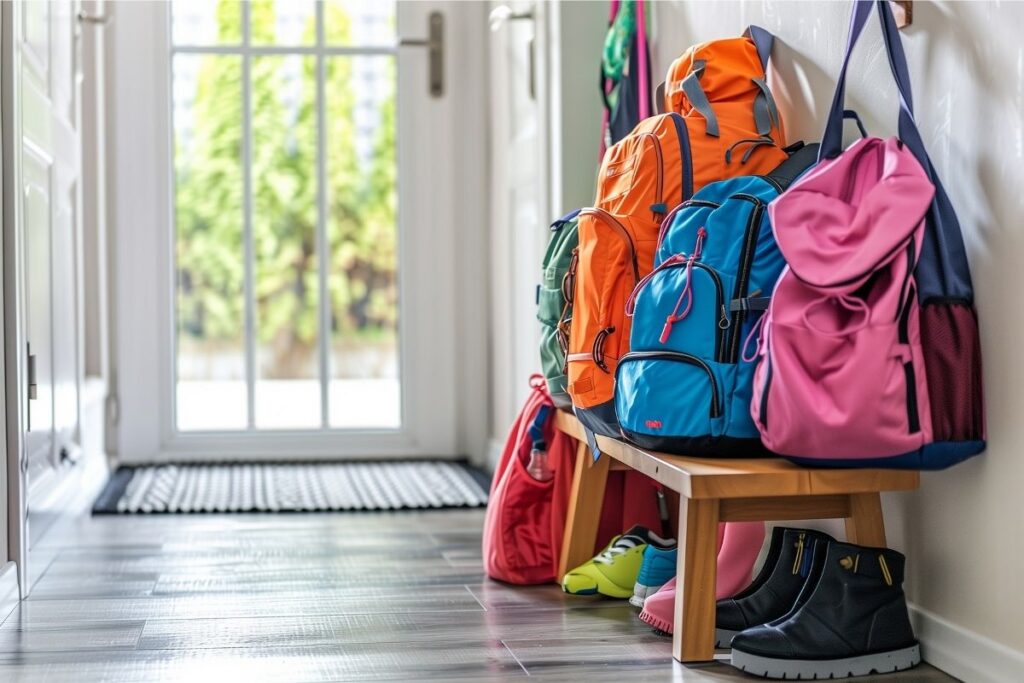 Kids’ backpacks and shoes neatly organized in an entryway morning launch station, ready for school.