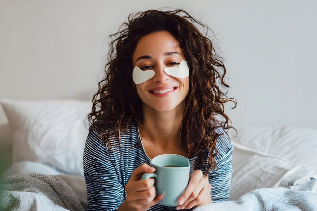 A smiling woman with long, curly brown hair wearing under-eye gel patches and holding a mug of tea or coffee in bed, demonstrating a quick morning self-care task.
