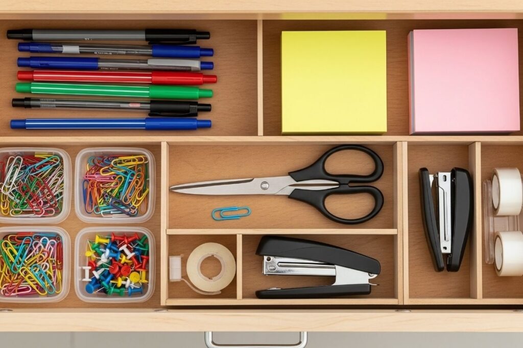 A perfectly organized desk drawer with wooden dividers, showcasing neatly arranged office supplies: pens, sticky notes, paperclips, pushpins, scissors, stapler, and tape.