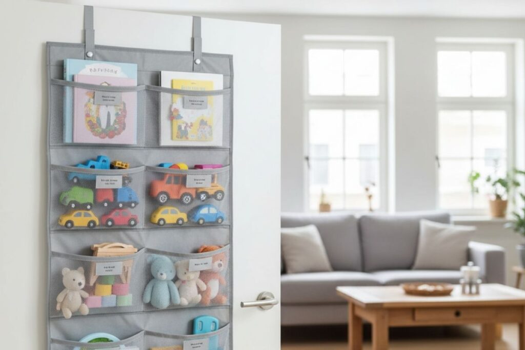 A grey fabric over-the-door hanging organizer holding toys and books. This affordable vertical storage solution is a must-have space-saving idea for on-the-go moms to maximize space in small or cramped homes.