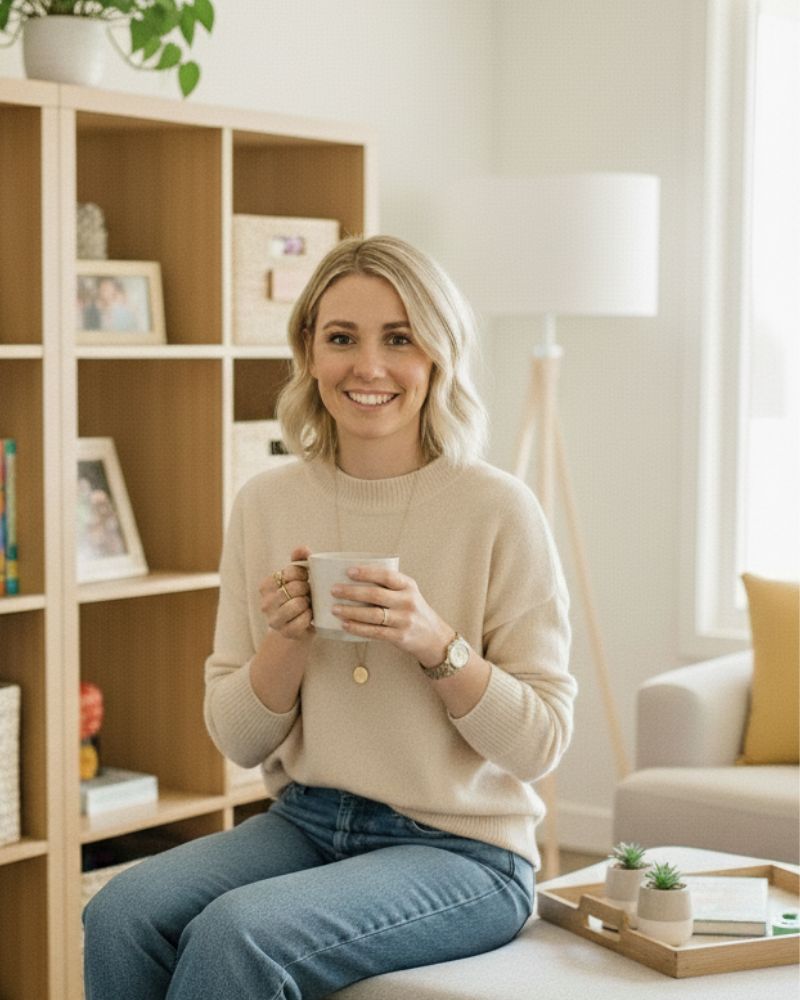 Sophia, founder of HomeLife, sitting in her bright, organized living room with cube storage.