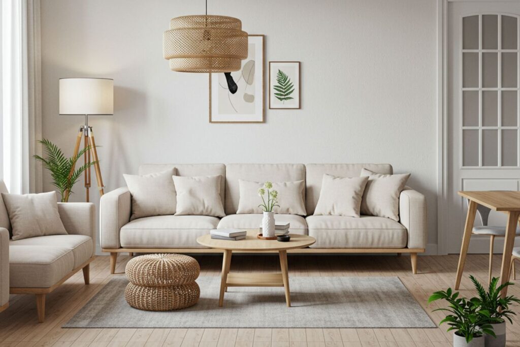 Bright neutral living room with light furniture, natural textures, and minimal decor that makes a small space feel larger.